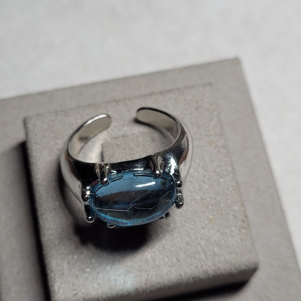 Silver Tone Blue Cabochon Ring Size 7.5 Modernist Open Back Statement